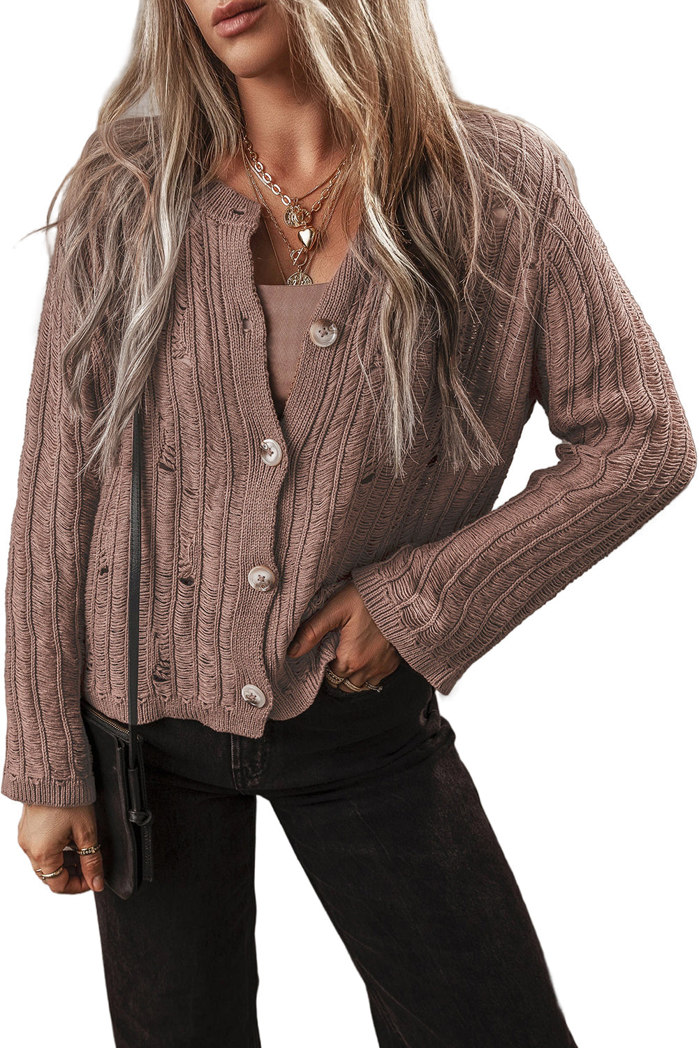 Cardigan boutonné en tricot texturé découpé