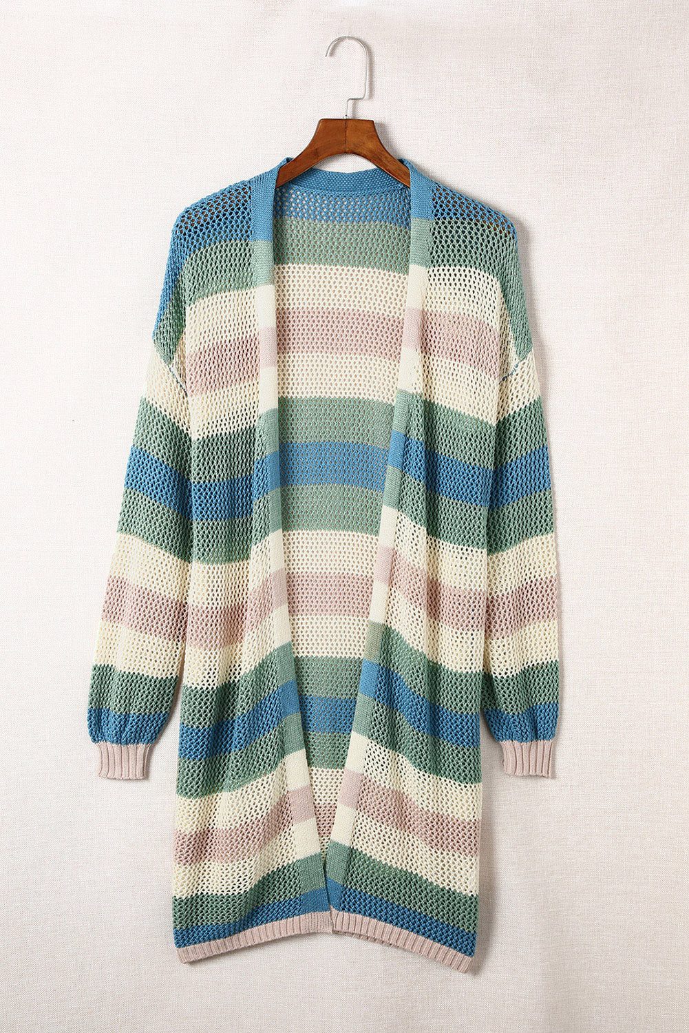 Cardigan en tricot évidé à rayures vertes et blocs de couleurs