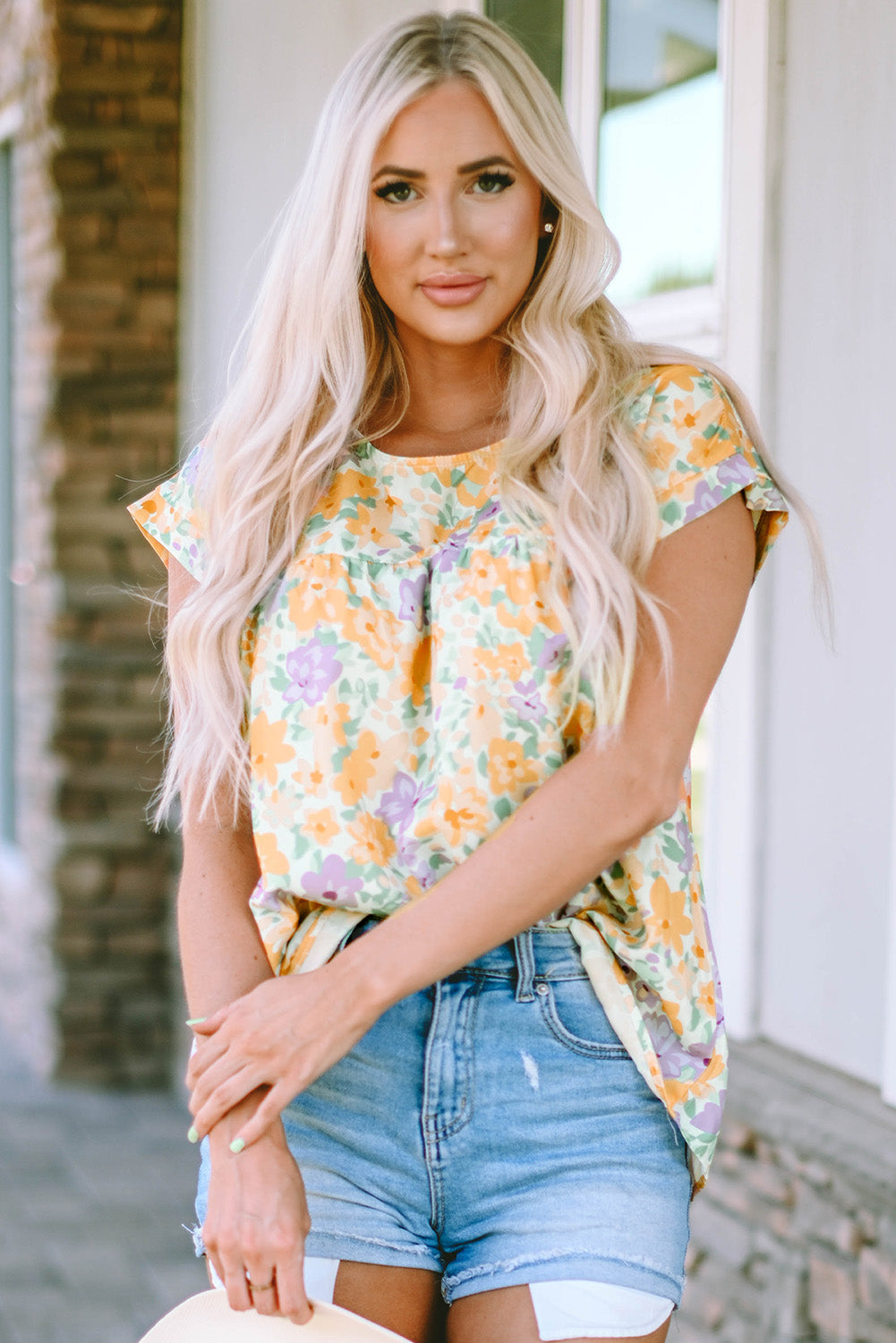Chemisier babydoll à manches courtes et imprimé floral au dos