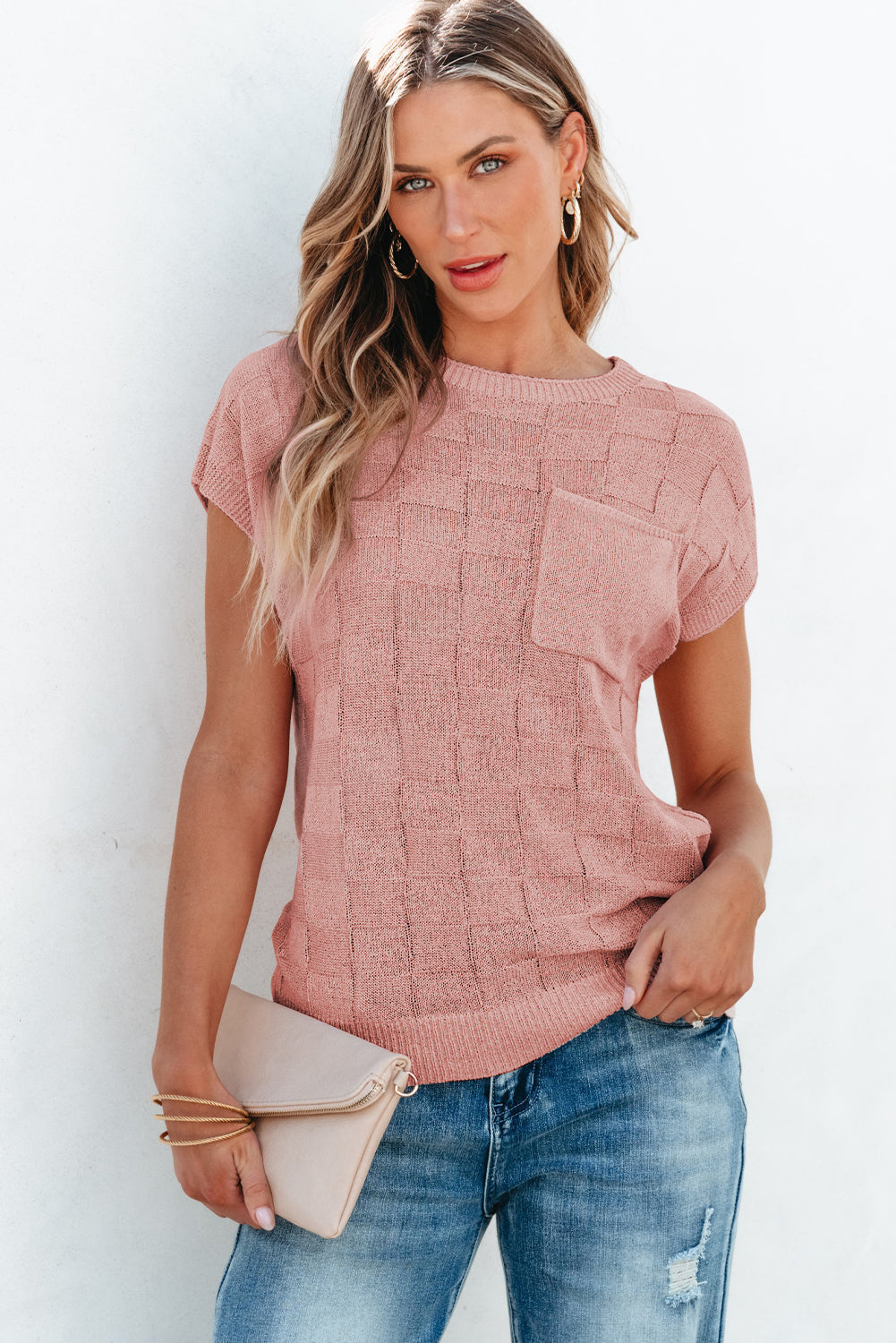 Pull a manches courtes en tricot texturé en treillis