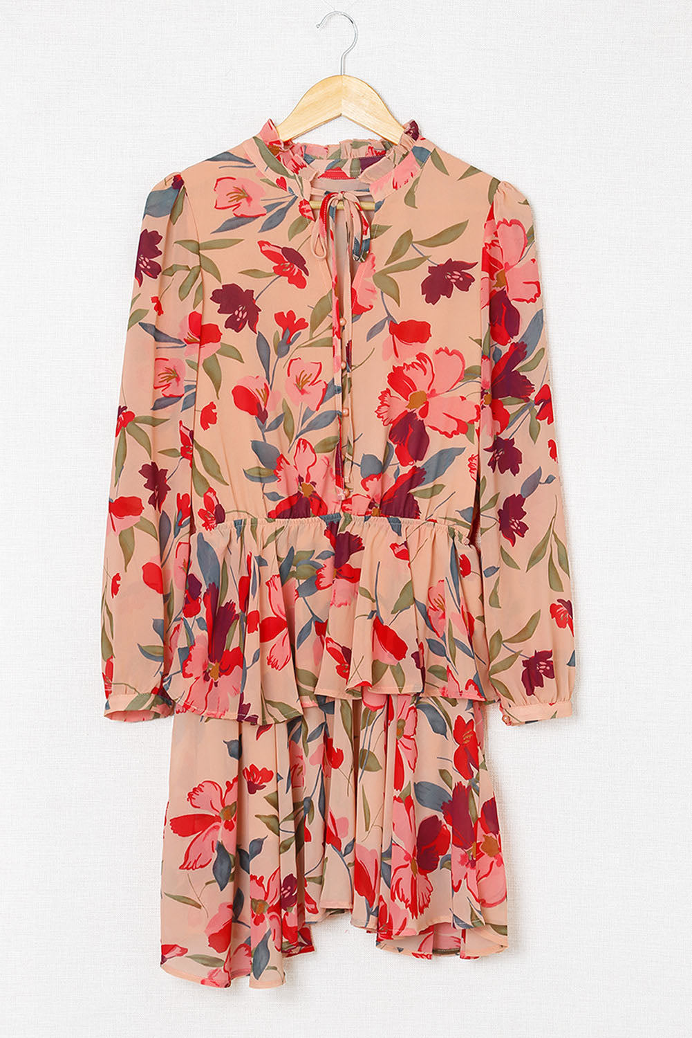 Robe florale à manches longues et col à volants rouge ardent avec volant