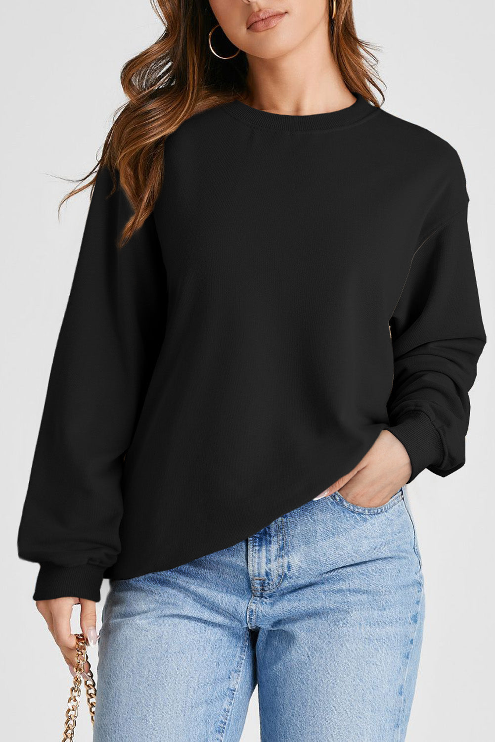 Sweat-shirt uni a col rond et épaules tombantes