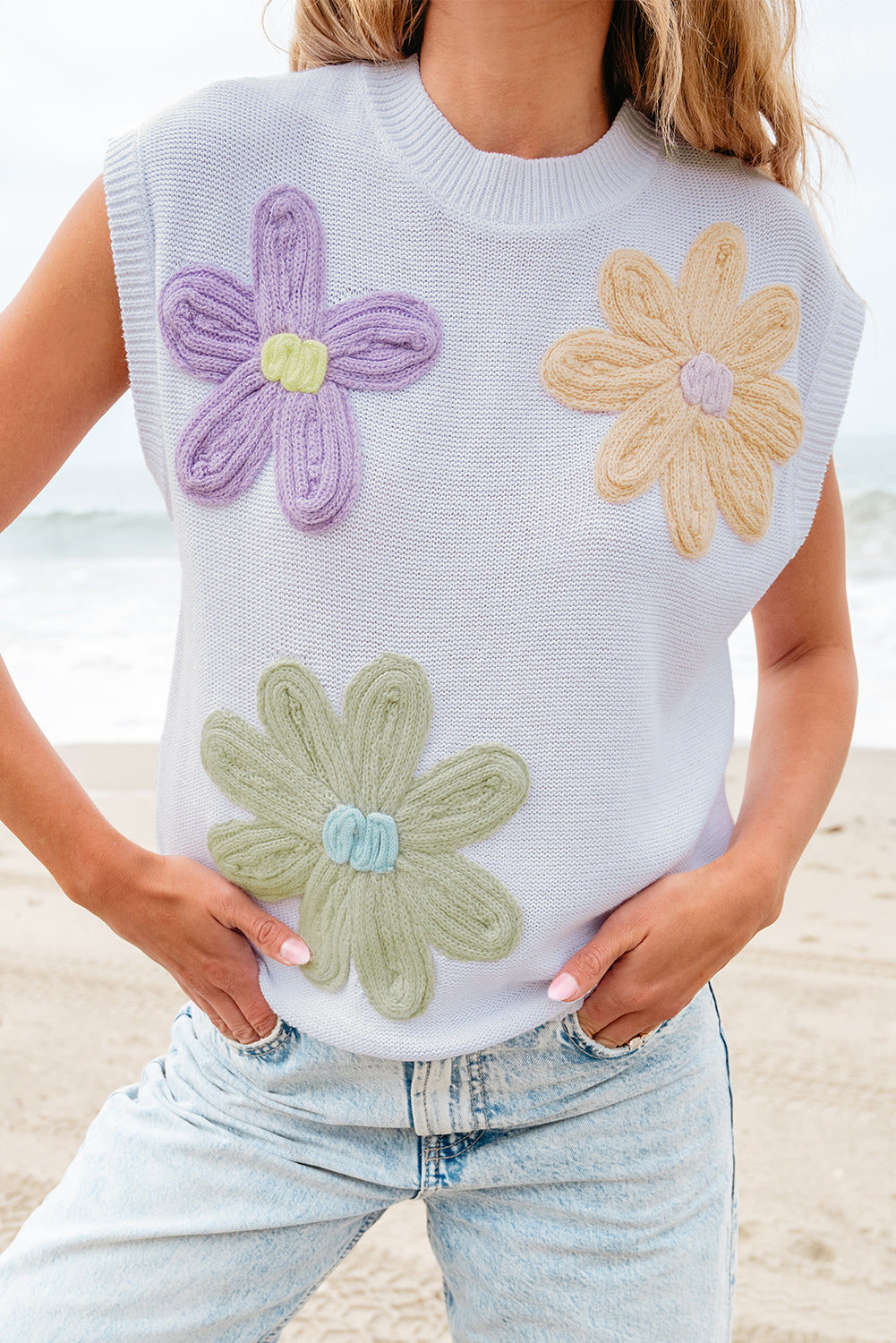 Pull a manches courtes en tricot a fleurs au crochet multicolore