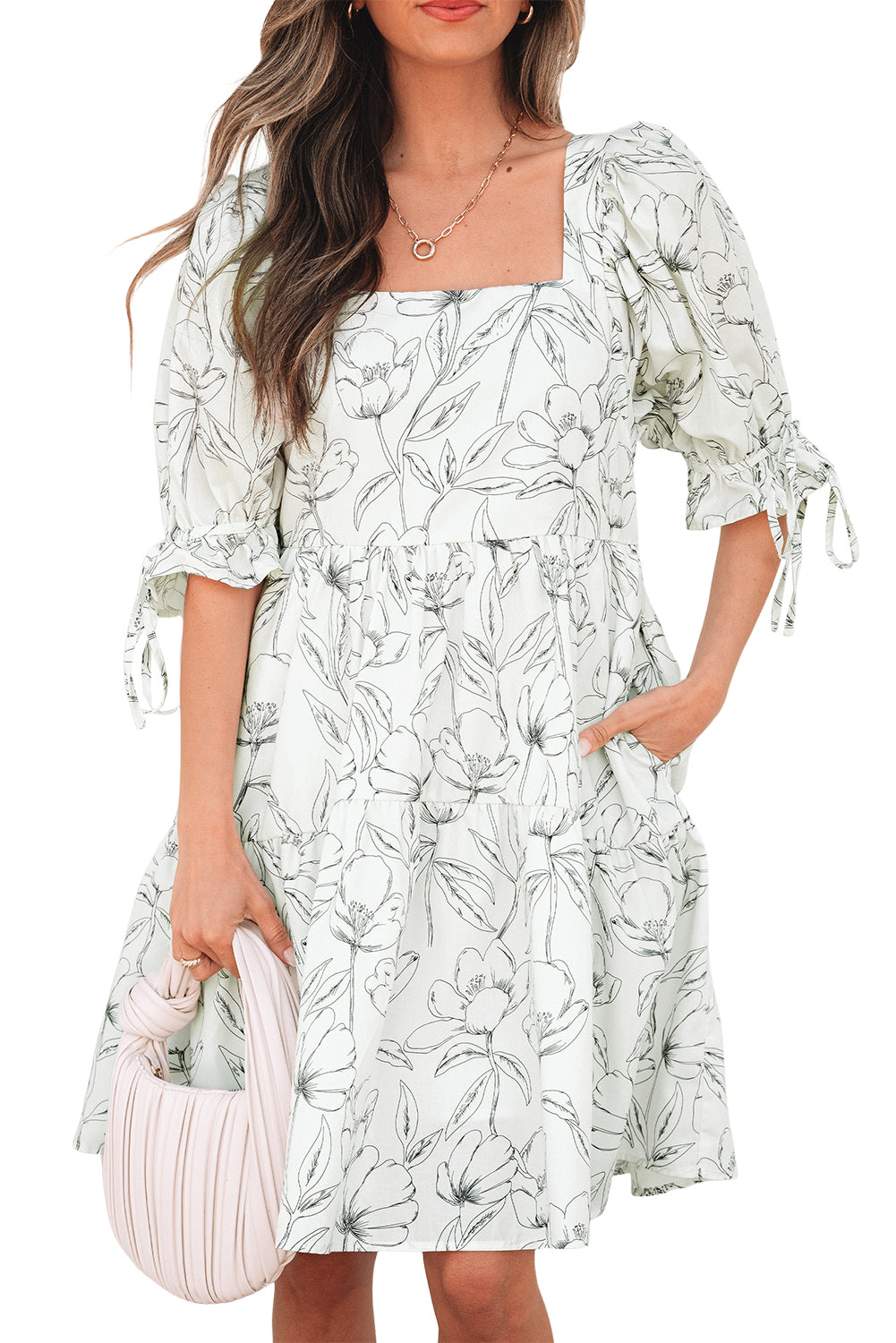 Mini-robe à imprimé floral, col carré, dos froncé, manches bouffantes