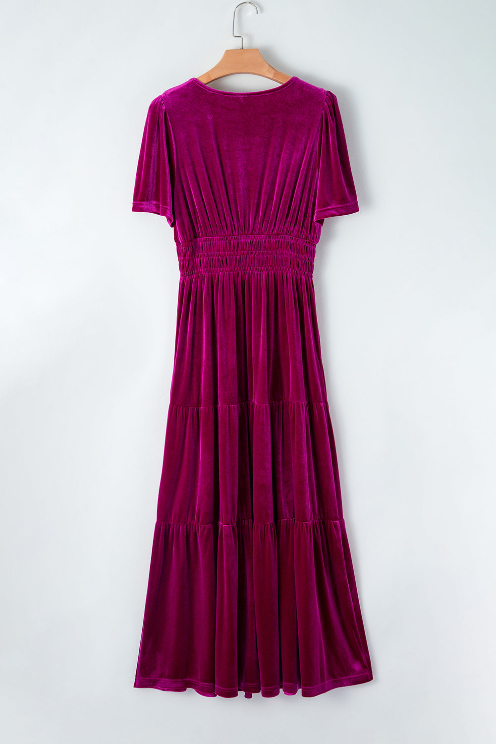 Robe longue en velours à manches courtes et taille froncée à plusieurs niveaux