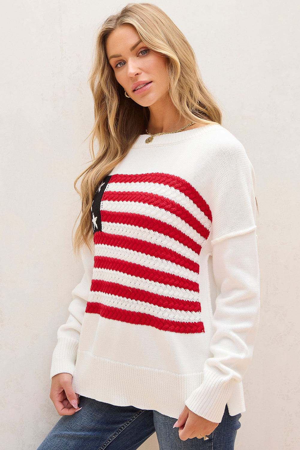 Pull à épaules tombantes en tricot torsadé drapeau américain