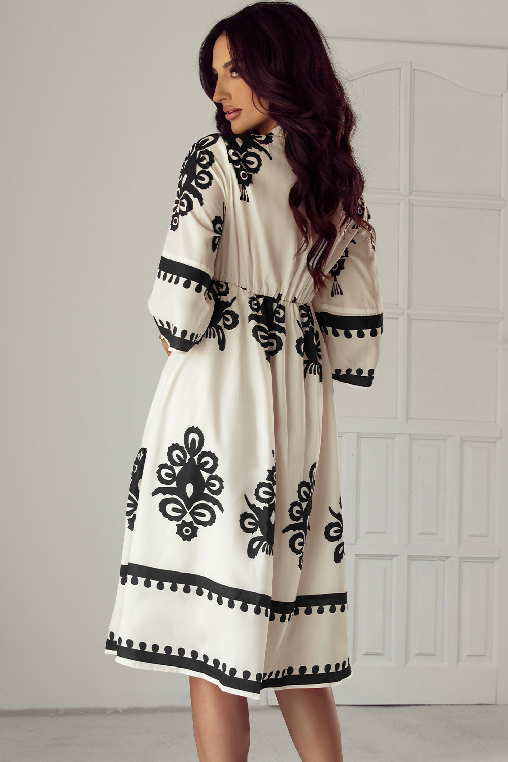 Robe midi ample a manches 3/4 et imprimé géométrique occidental