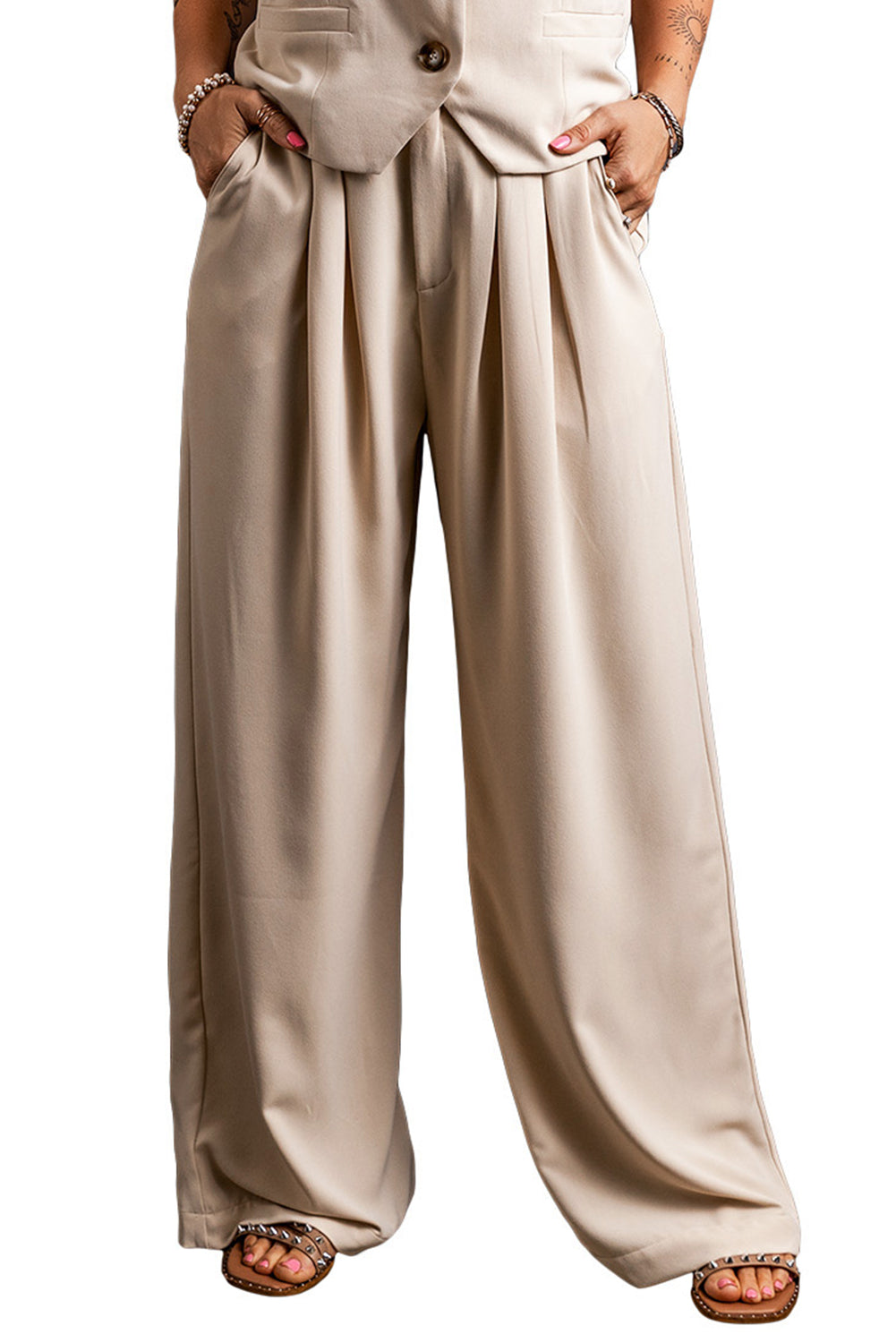 Pantalon large plissé à taille élastique
