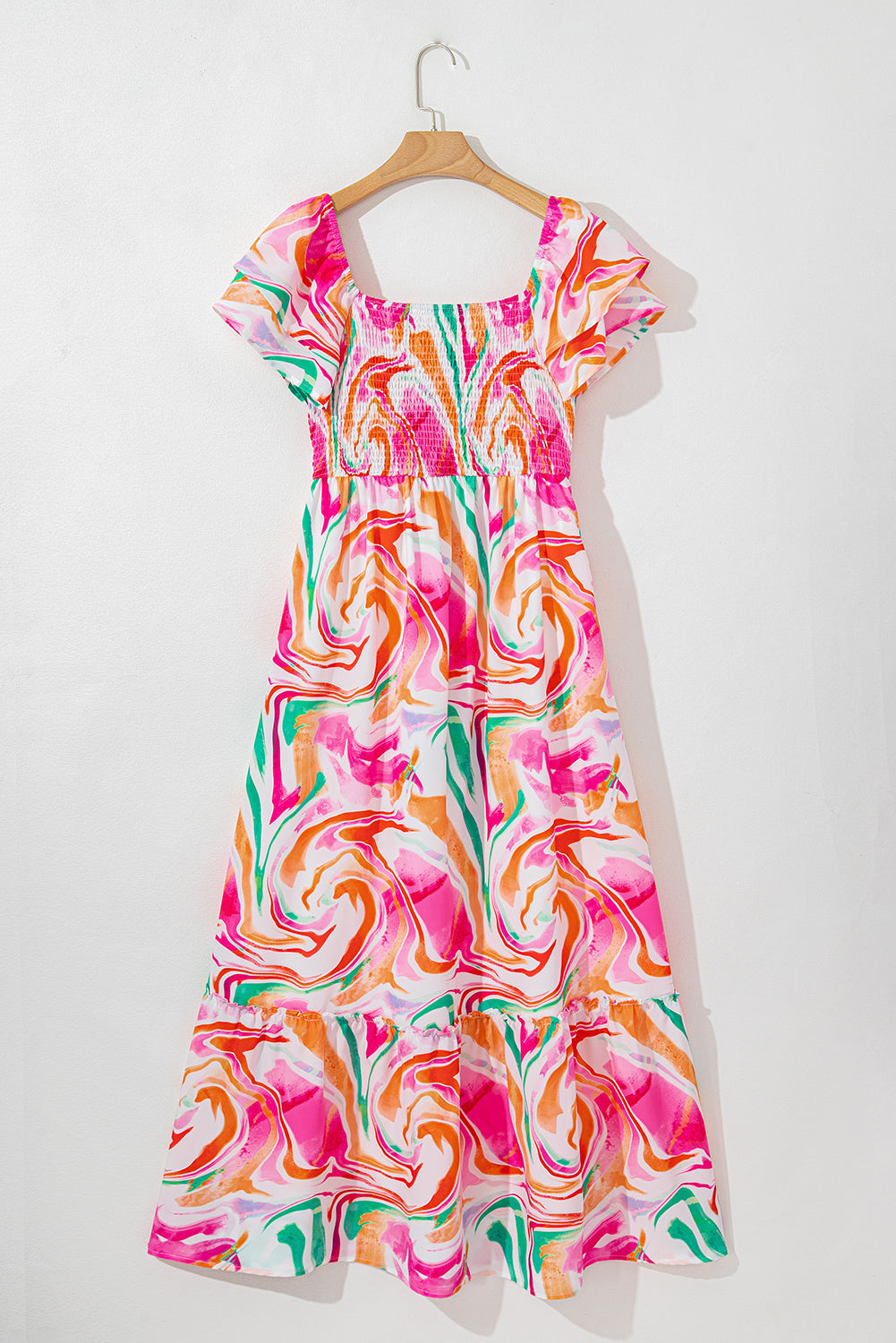 Robe longue à imprimé abstrait, manches à volants et buste froncé