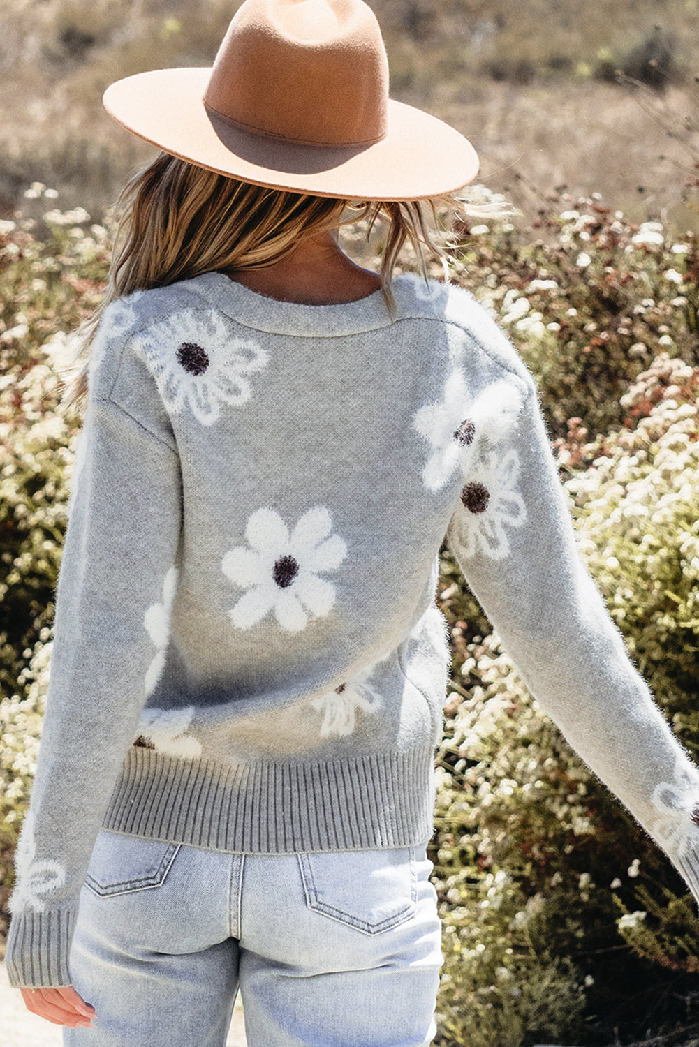 Cardigan boutonné en tricot a col en V et imprimé floral