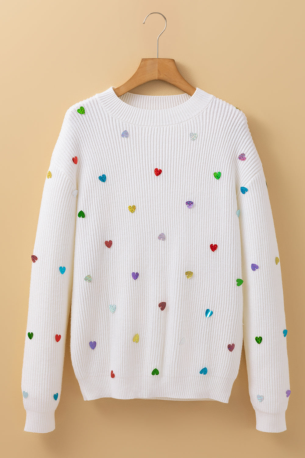 Pull a col rond en tricot gaufré en forme de cœur a sequins