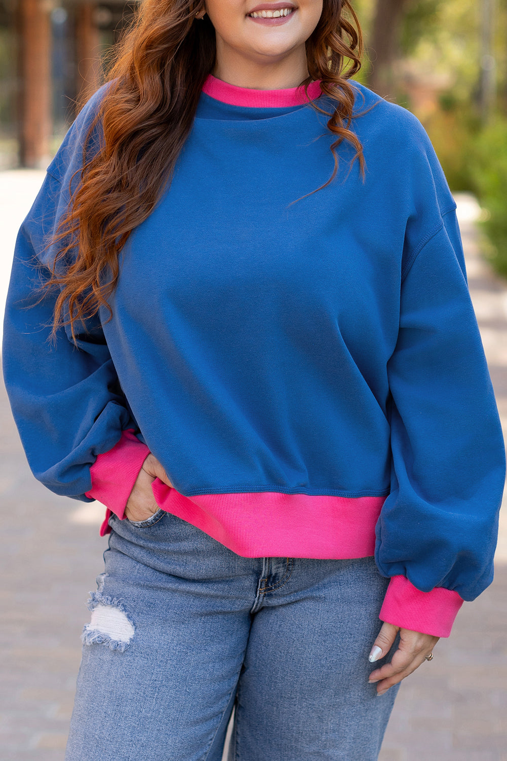 Sweat-shirt a Manches Ballon et Bordure en Blocs de Couleurs, Grande Taille