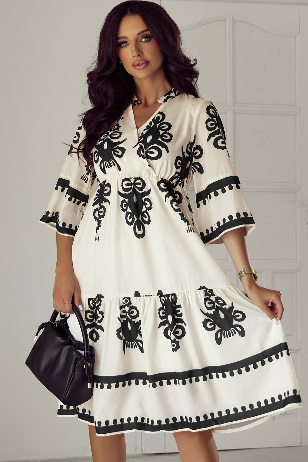 Robe midi ample a manches 3/4 et imprimé géométrique occidental
