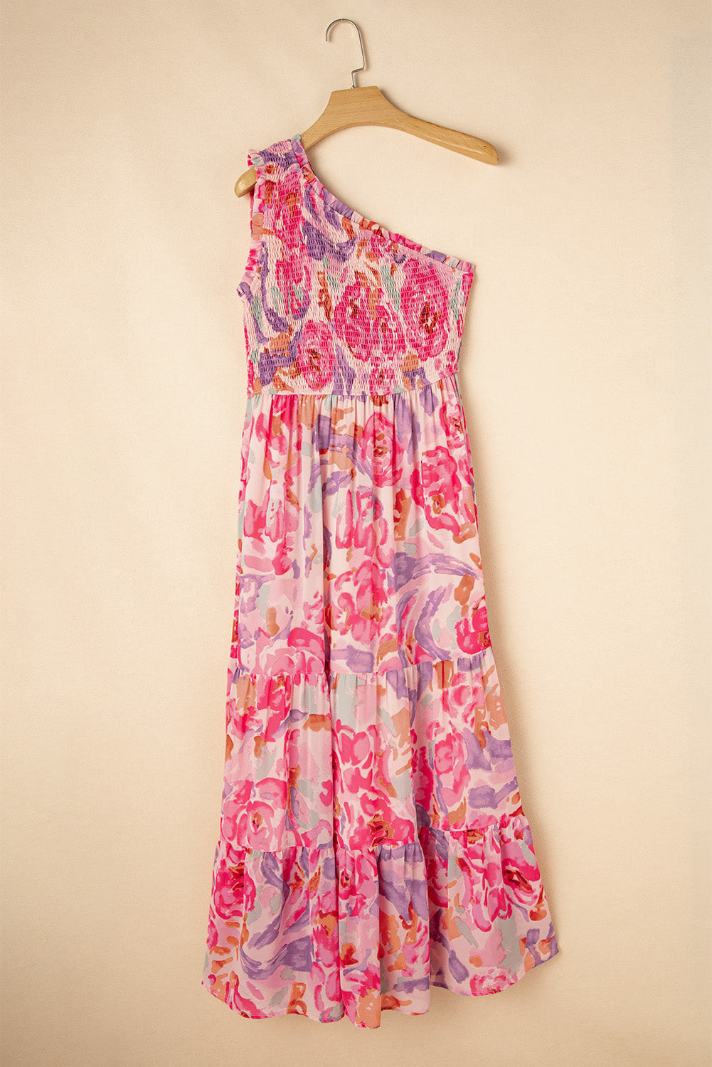 Robe longue asymétrique froncée à imprimé floral abstrait