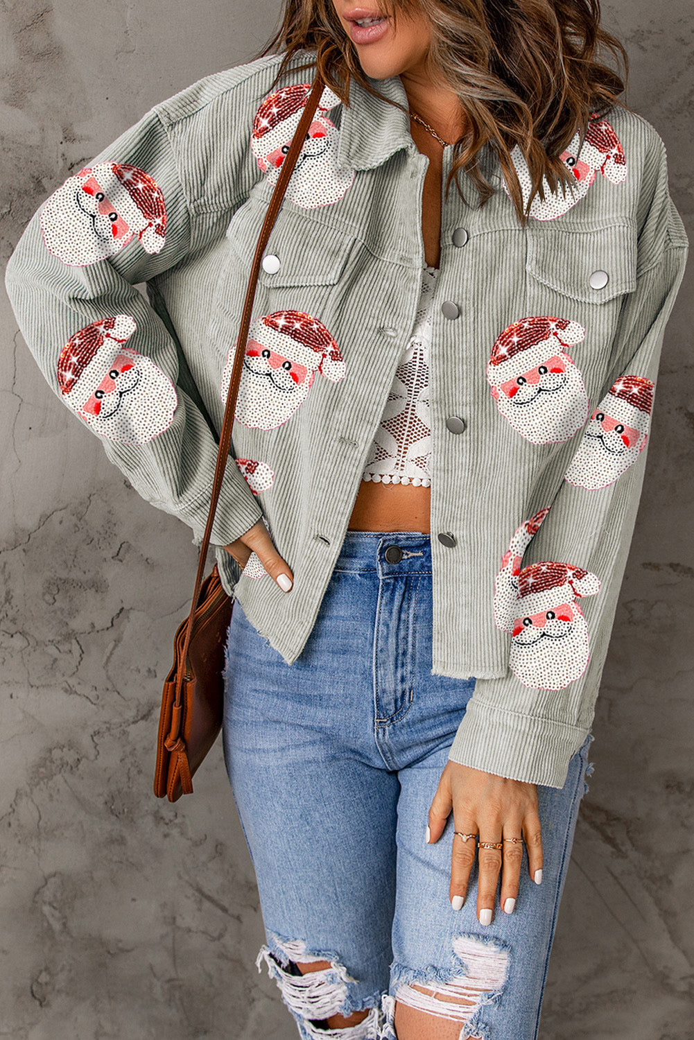 Veste en velours côtelé avec poche a rabat et paillettes du Père Noël