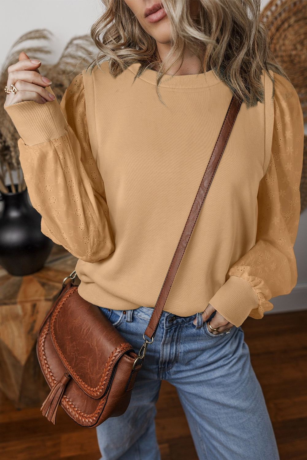 Sweat-shirt uni à manches patchwork et col rond