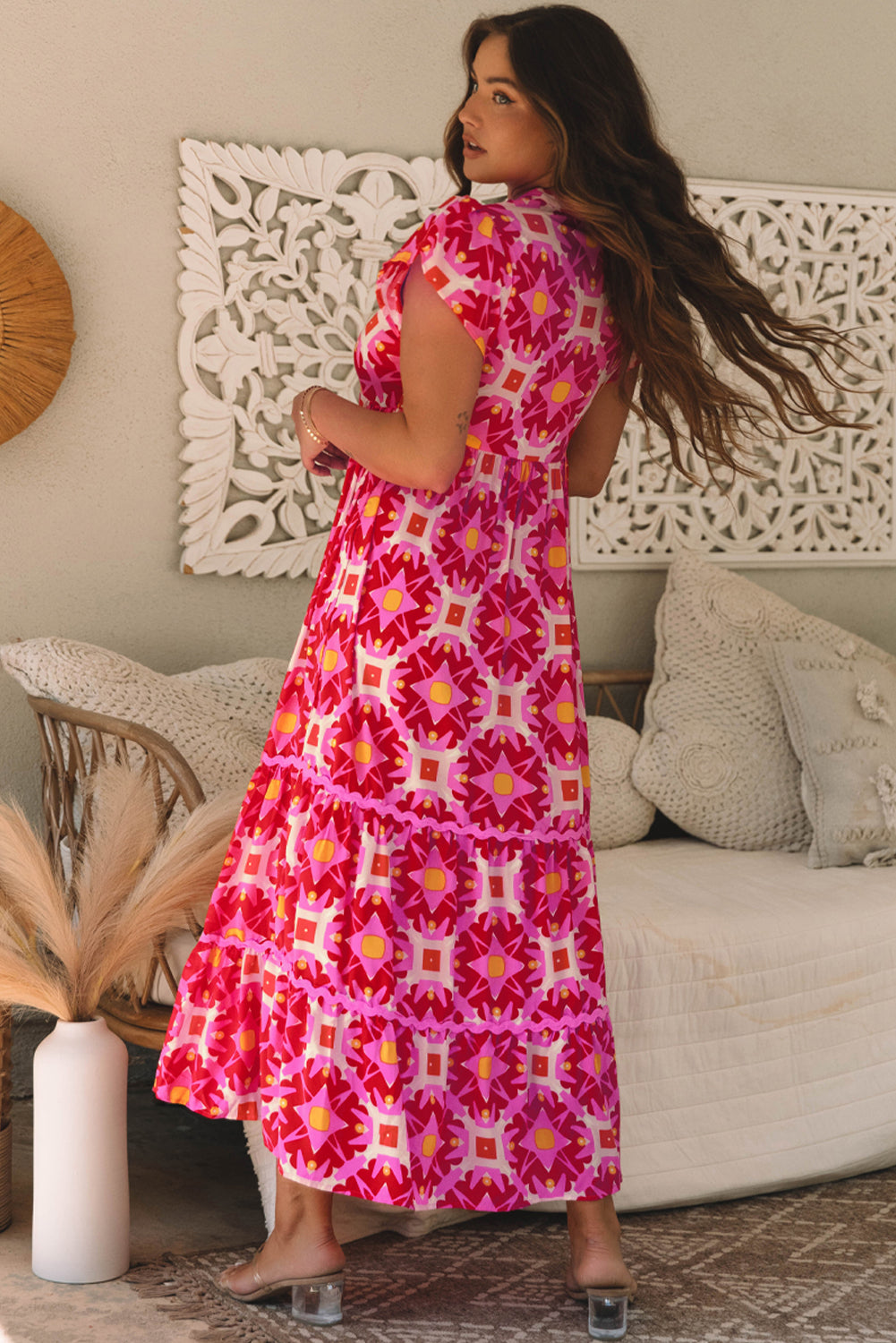 Robe longue a col en V et imprimé géométrique