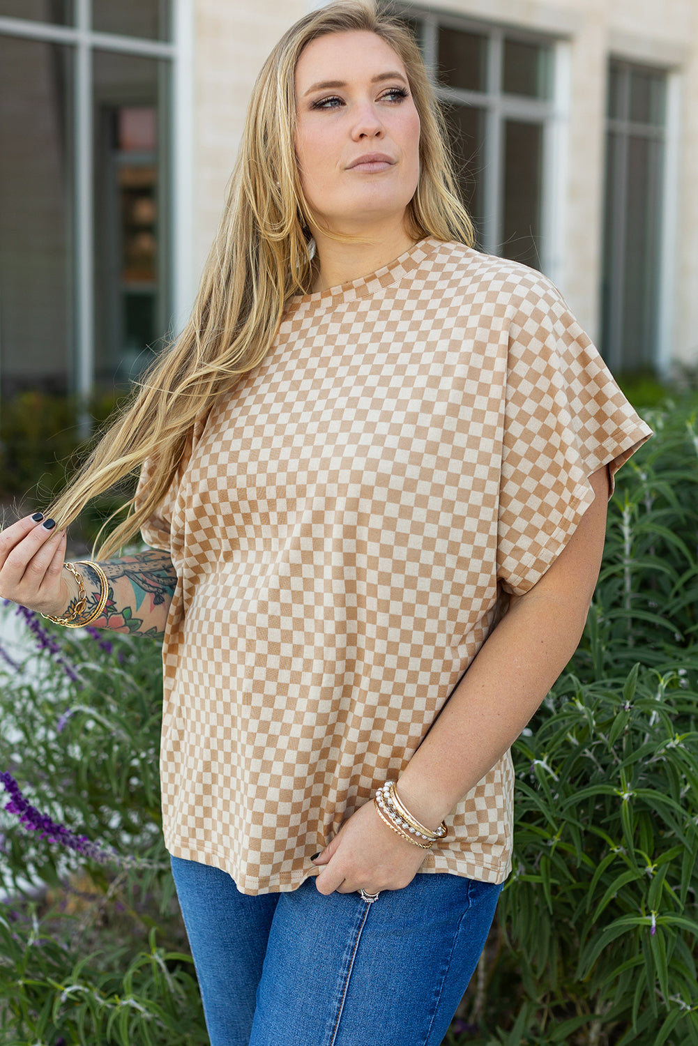 T-shirt a manches courtes et chauve-souris en damier, col rond, grande taille
