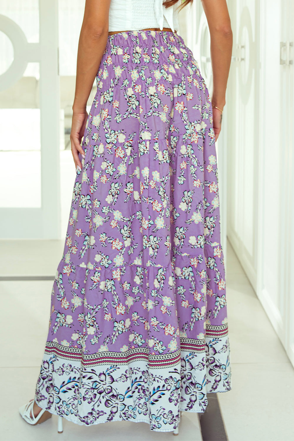 Jupe longue taille haute froncée à imprimé floral
