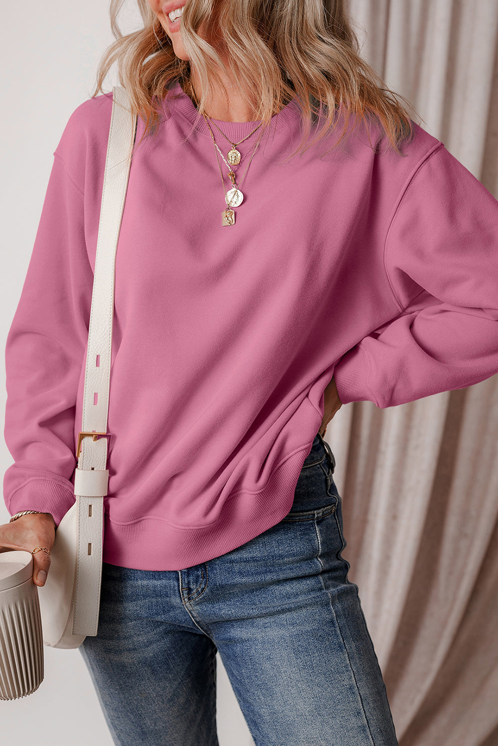 Sweat-shirt en tissu éponge à épaules tombantes doublé de polaire uni