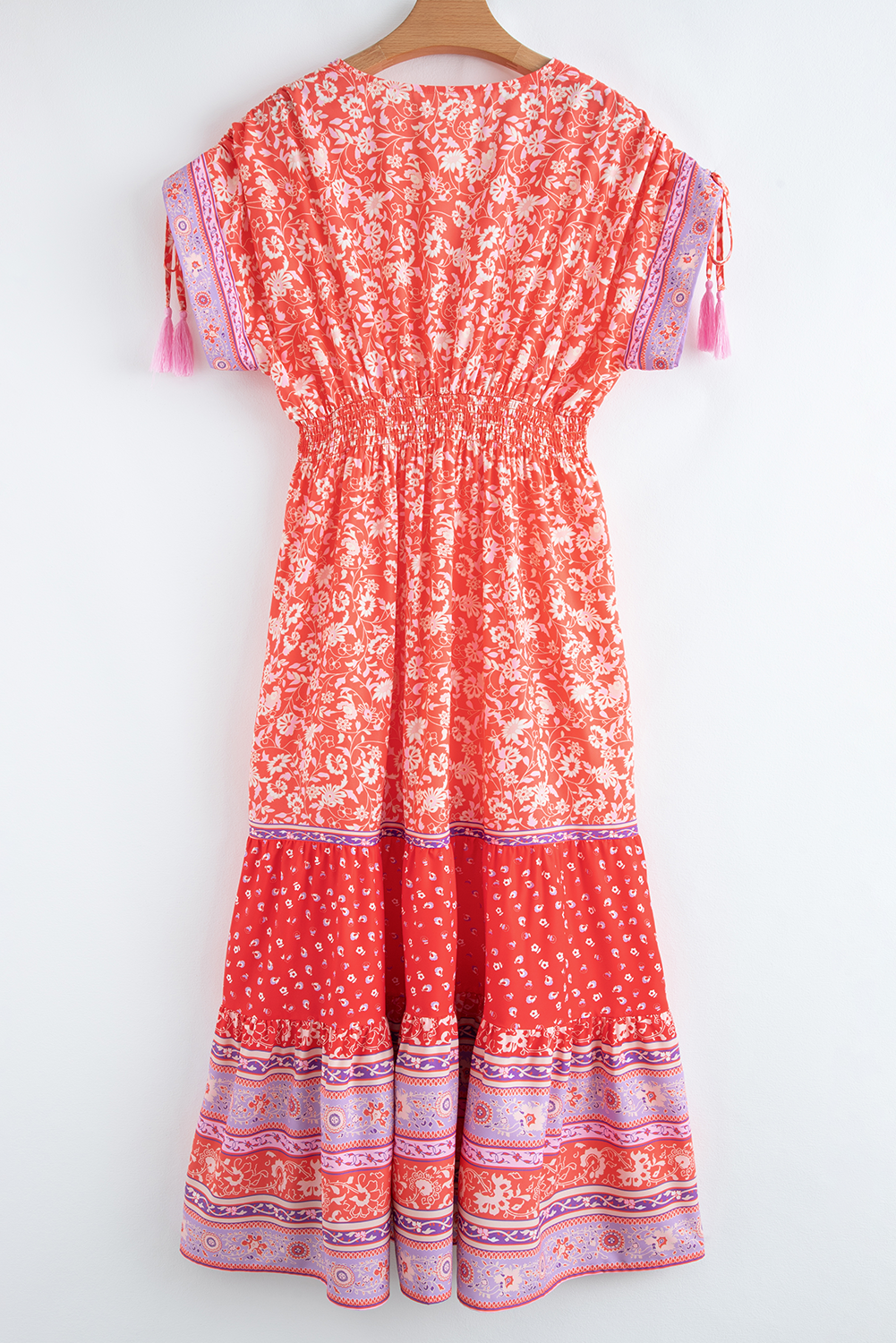 Robe longue taille empire à imprimé floral et manches nouées à pompons
