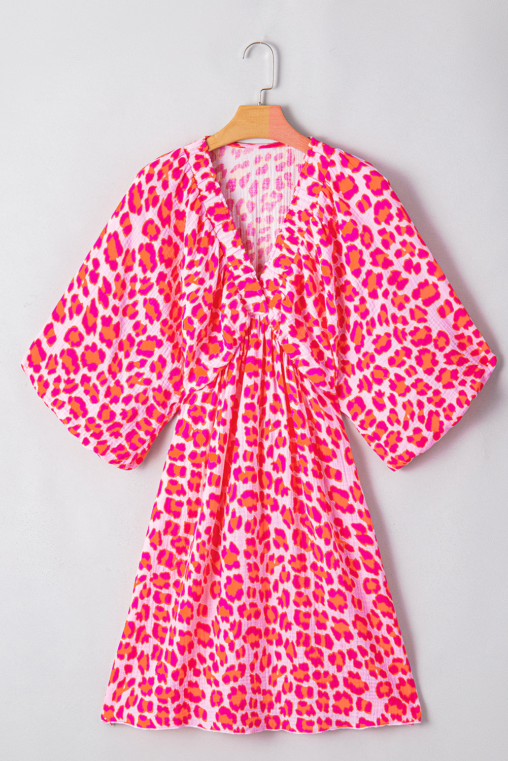 Robe à imprimé léopard, col en V élastique, manches 3/4 bouffantes