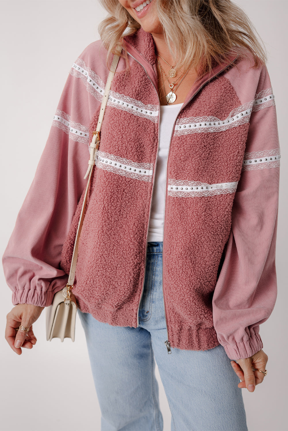 Veste zippée en sherpa patchwork en dentelle avec poignets élastiques