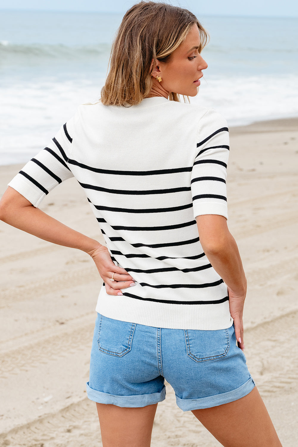 T-shirt tricoté a manches mi-longues rayé