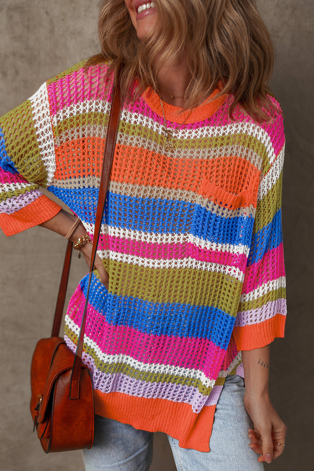 Pull a manches 3/4 au crochet évidé color block