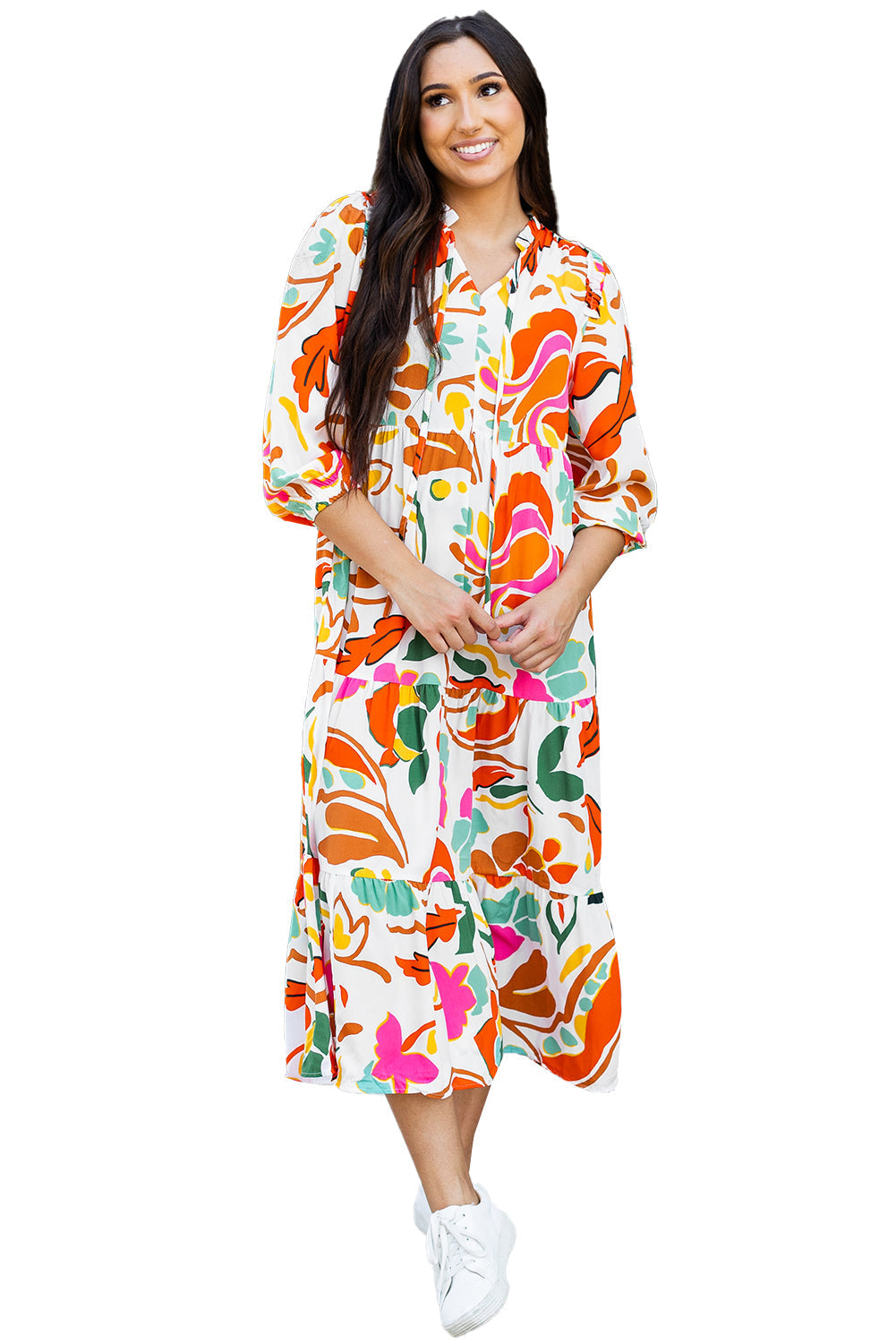 Robe longue a volants et col en V a imprimé floral