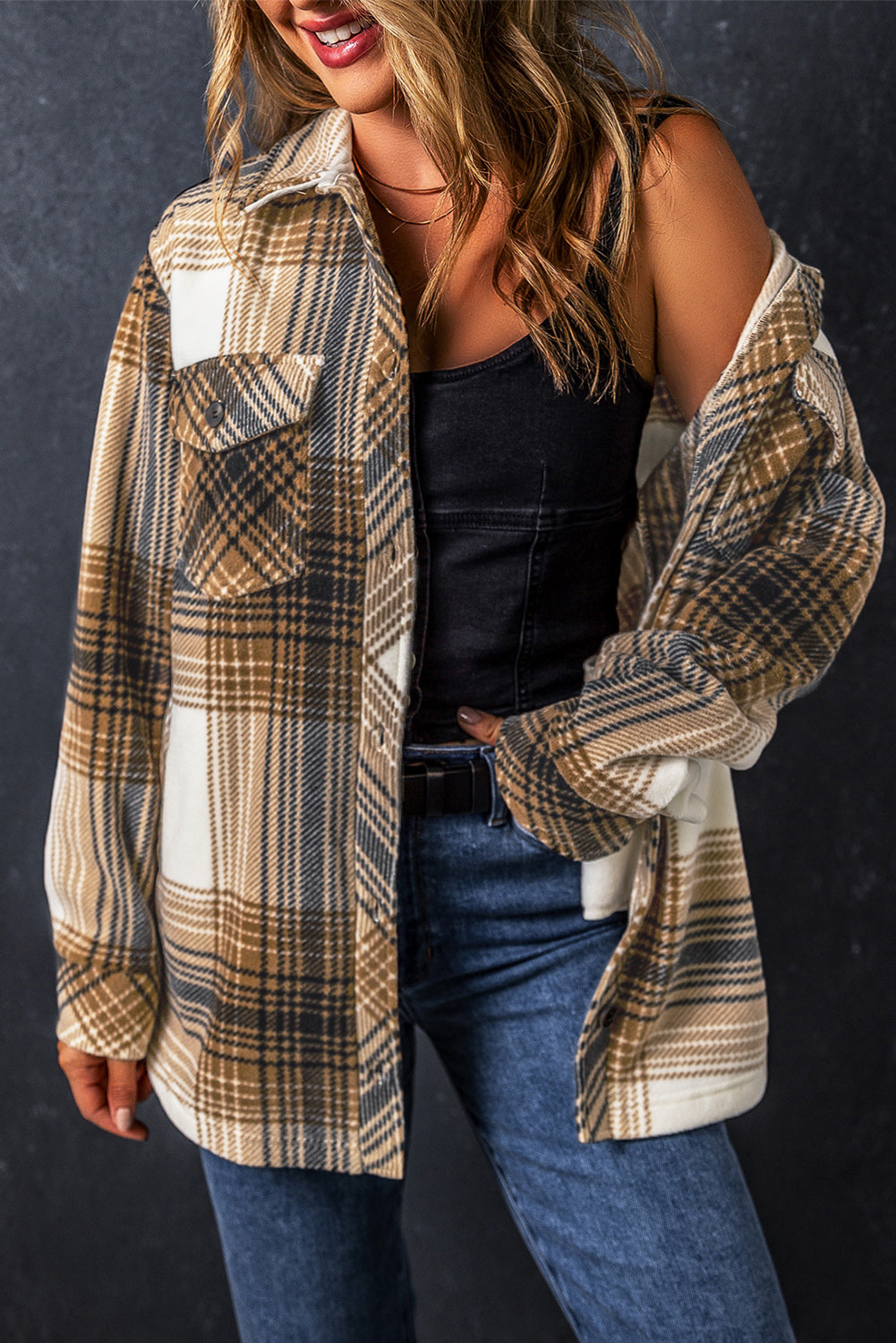 Veste boutonnée avec poche à rabat et imprimé écossais
