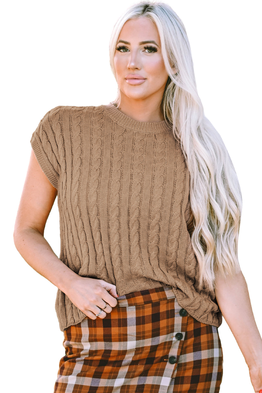Pull a manches courtes en tricot torsadé a col rond