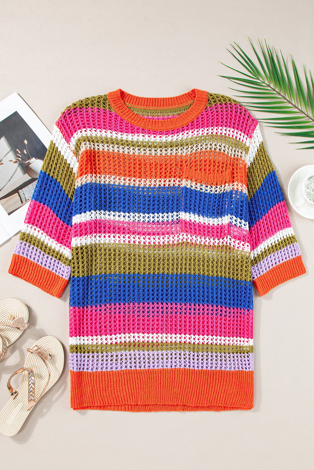 Pull a manches 3/4 au crochet évidé color block