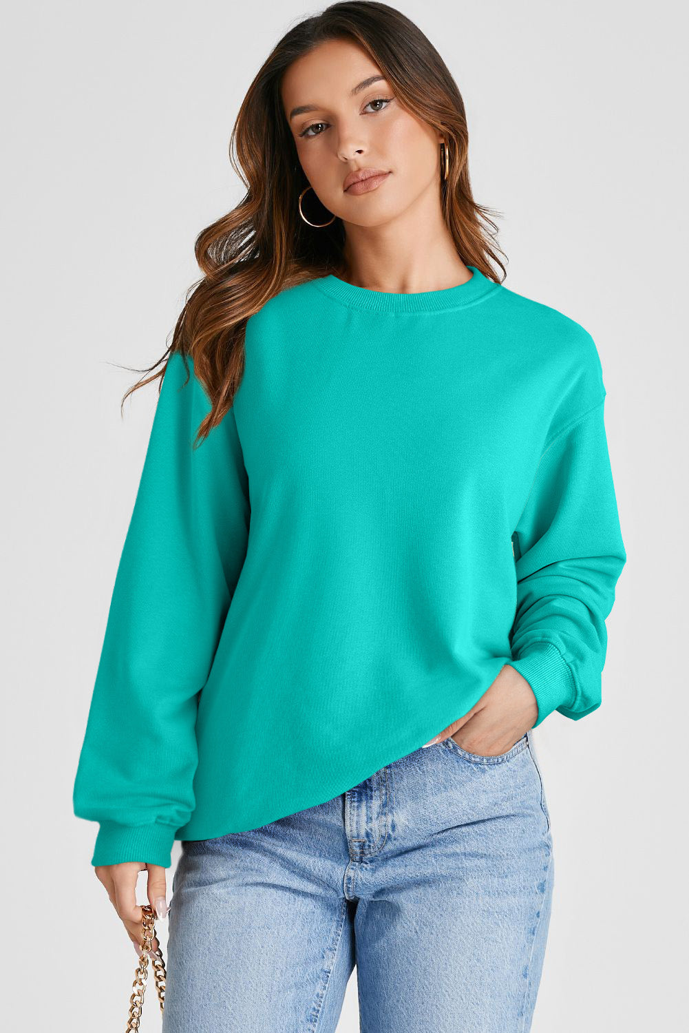 Sweat-shirt uni a col rond et épaules tombantes