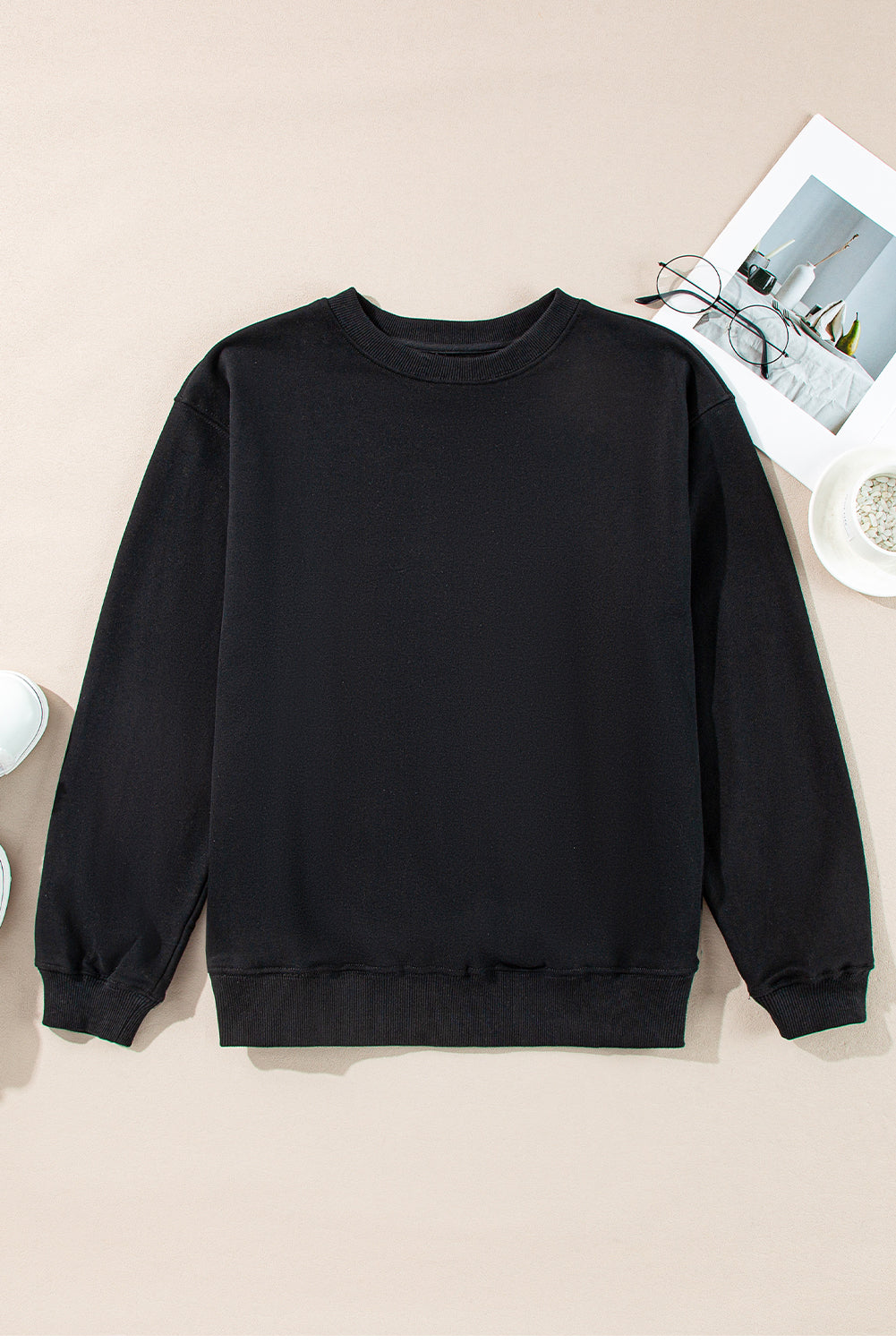 Sweat-shirt uni a col rond et épaules tombantes