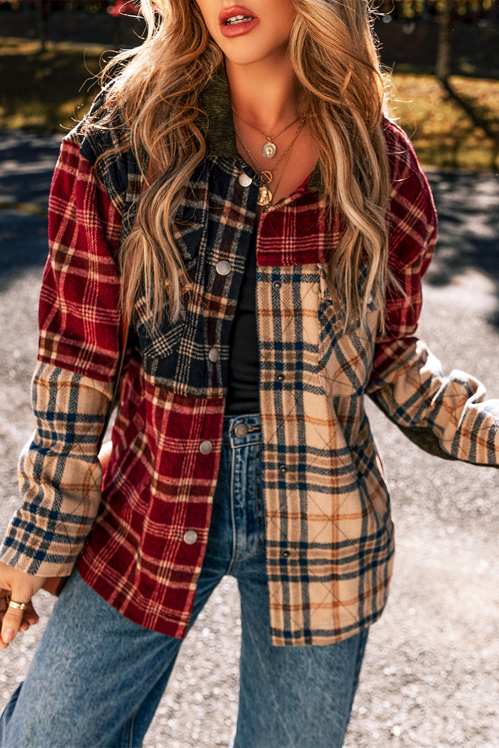 Veste rétro à carreaux mélangés et patchwork