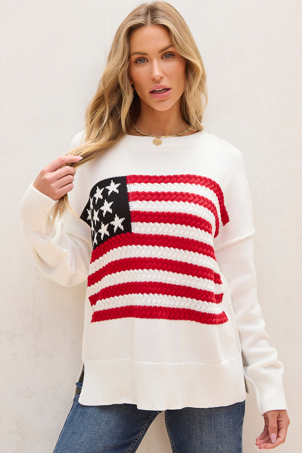Pull à épaules tombantes en tricot torsadé drapeau américain