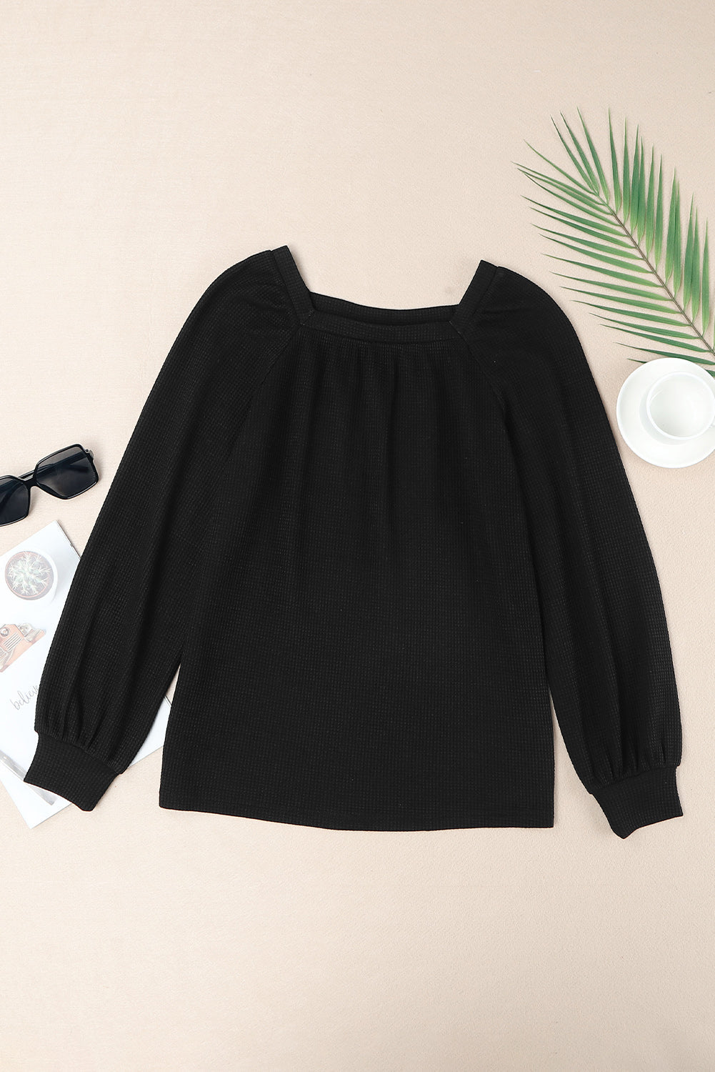 Haut en tricot gaufré à manches bouffantes et col rond