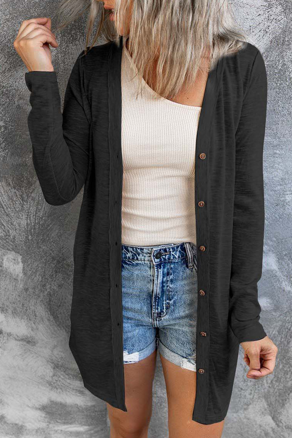 Cardigan ouvert a boutons de couleur unie