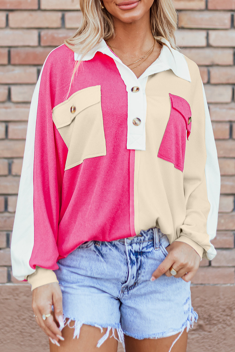 Sweat-shirt surdimensionné à col côtelé et blocs de couleurs
