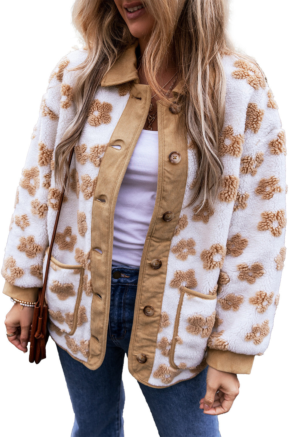 Veste polaire boutonnée a motif de fleurs mignonnes
