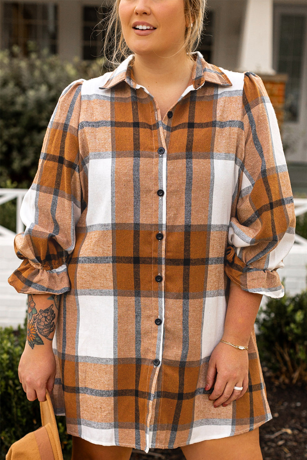 Robe Chemise Boutonnée à Carreaux à Manches Volantes de Grande Taille