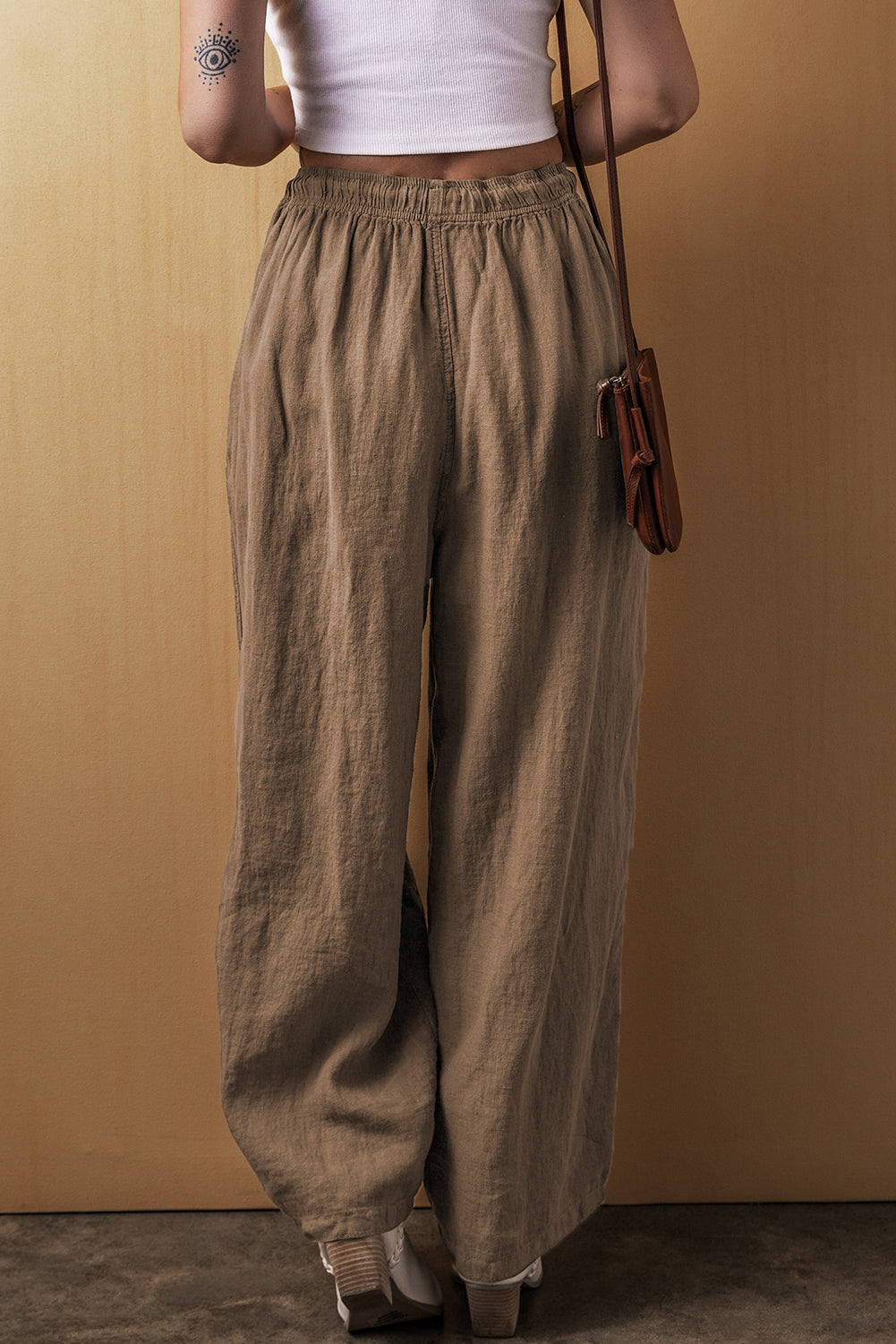 Pantalon large en coton et lin avec cordon de serrage a la taille