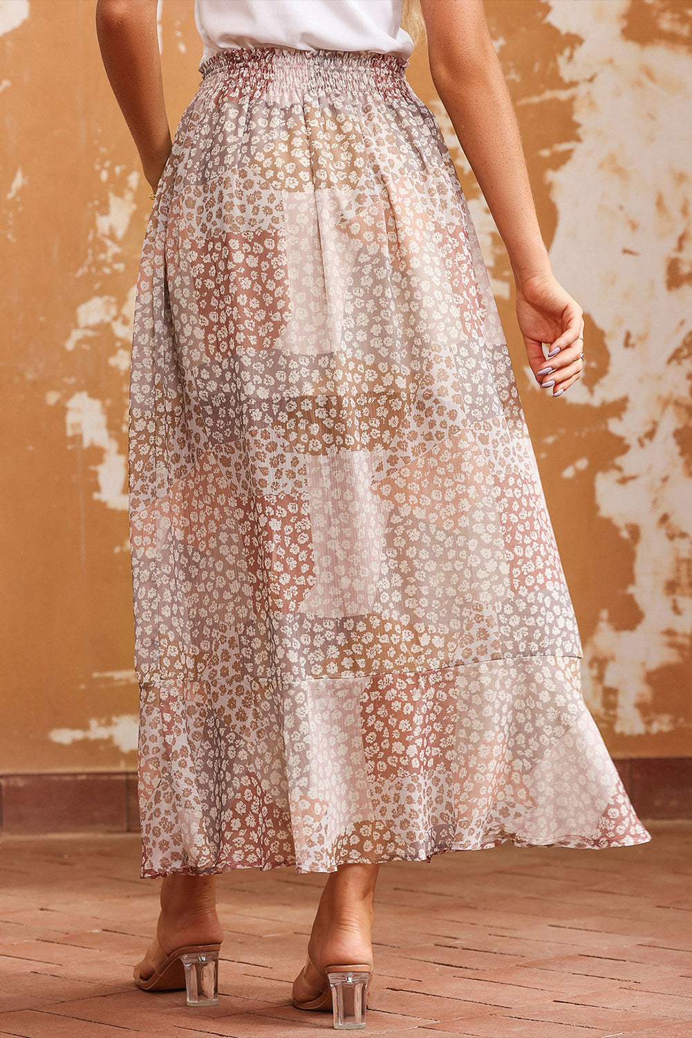Jupe longue fendue boutonnée à la taille smockée à imprimé floral bohème
