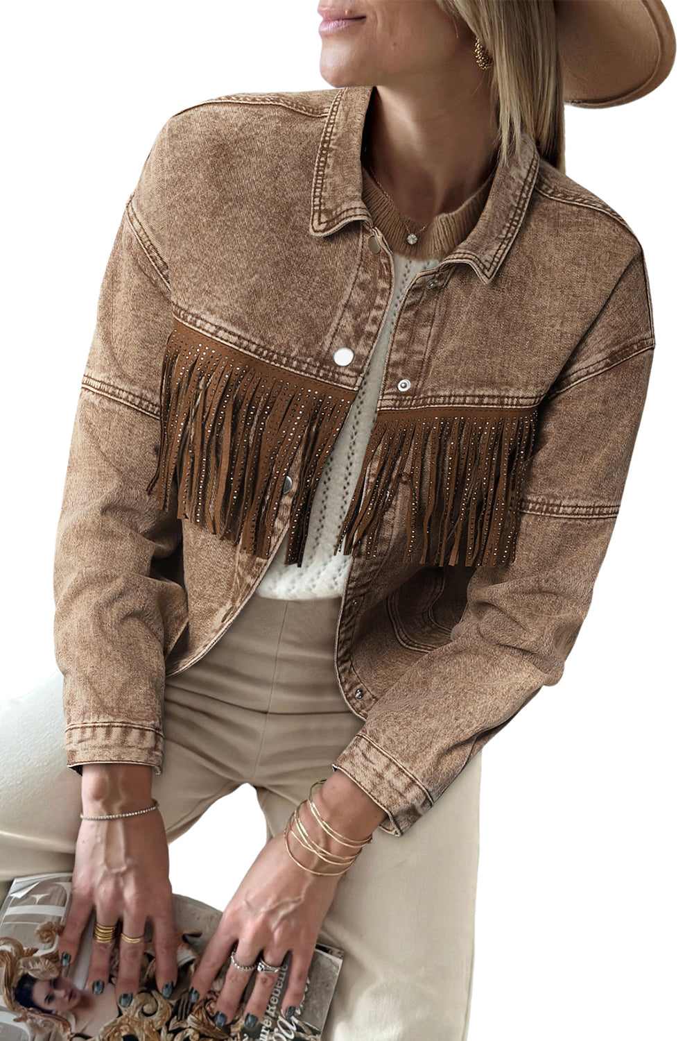 Veste en jean de mode cow-girl à franges en strass
