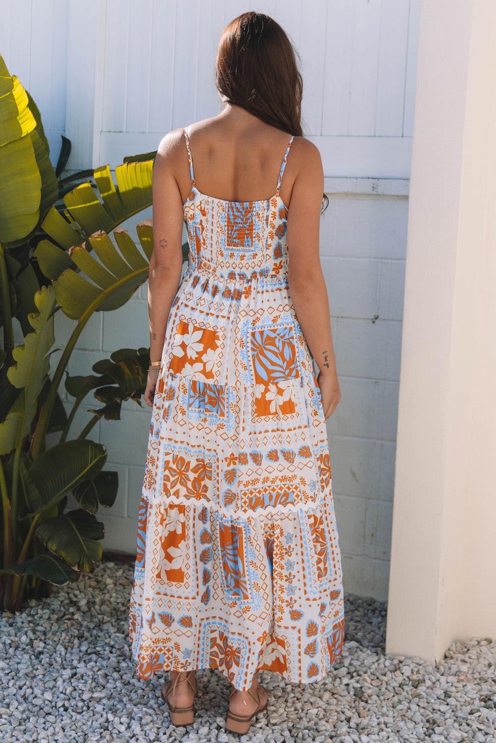 Robe longue à bretelles spaghetti et bordures en ricrac à imprimés multiples