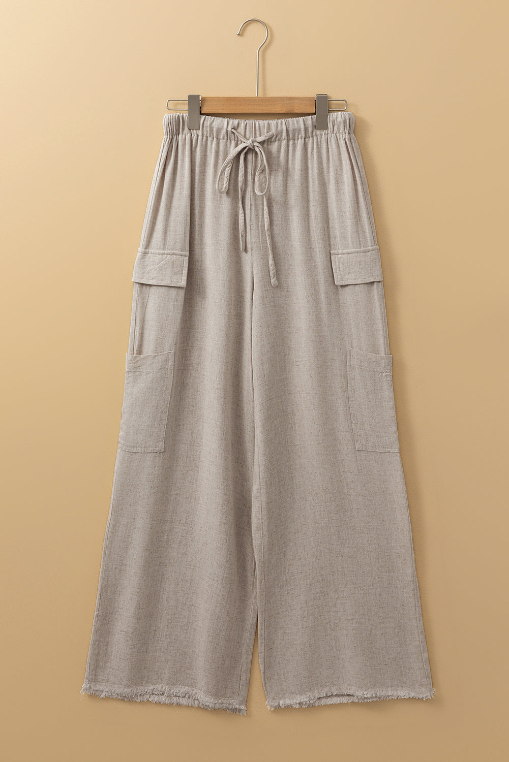 Pantalon ample cargo en lin style bohème avec cordon de serrage a la taille et bords bruts