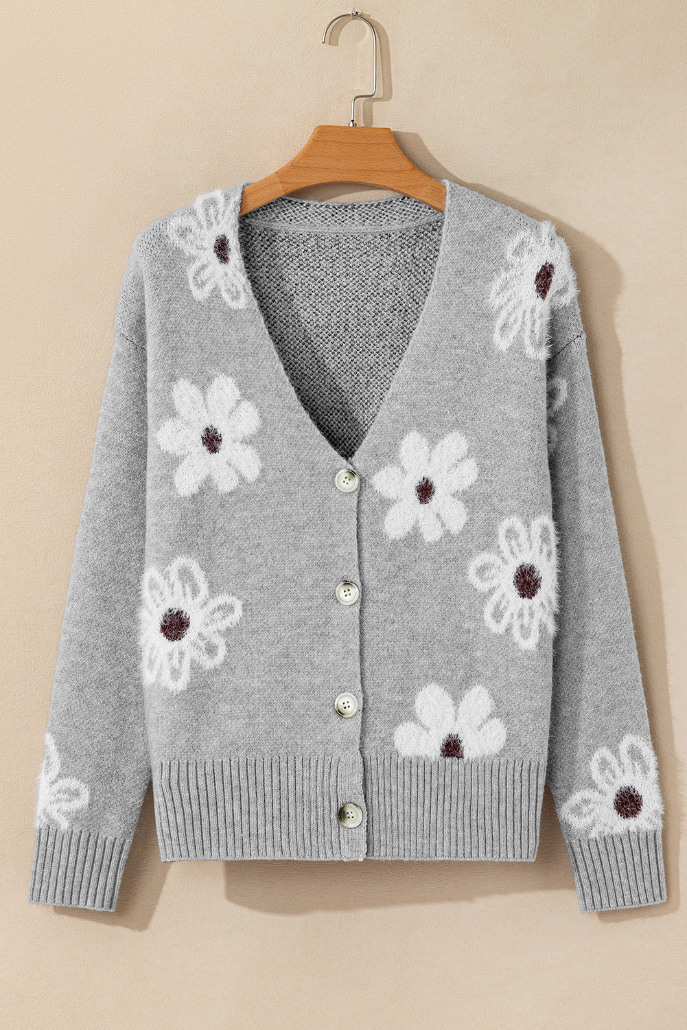 Cardigan boutonné en tricot a col en V et imprimé floral
