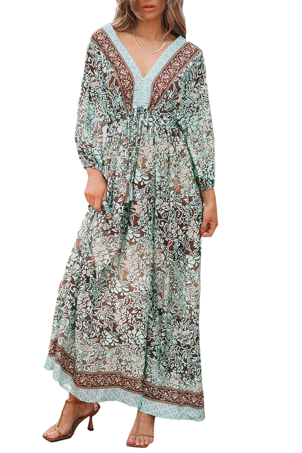 Robe longue bohème à imprimé floral, dos nu, taille haute et lacets