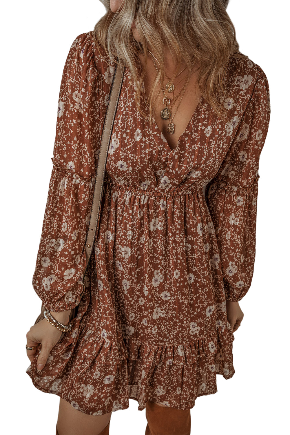 Mini-robe bohème florale à volants et manches bouffantes, col en V